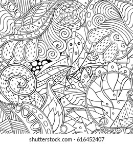 Tracery seamless pattern. Mehndi design. Ethnic monochrome binary doodle texture. Curved doodling black and white background. Vector
