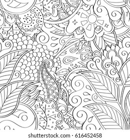 Tracery seamless pattern. Mehndi design. Ethnic monochrome binary doodle texture. Curved doodling black and white background. Vector