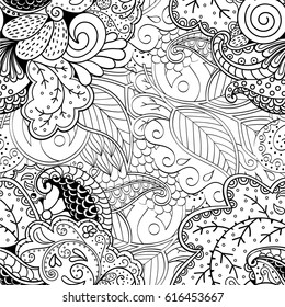 Tracery seamless pattern. Mehndi design. Ethnic monochrome binary doodle texture. Curved doodling black and white background. Vector