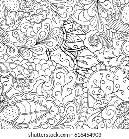 Tracery seamless pattern. Mehndi design. Ethnic monochrome binary doodle texture. Curved doodling black and white background. Vector