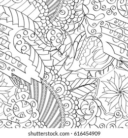 Tracery seamless pattern. Mehndi design. Ethnic monochrome binary doodle texture. Curved doodling black and white background. Vector
