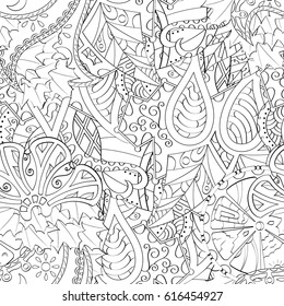 Tracery seamless pattern. Mehndi design. Ethnic monochrome binary doodle texture. Curved doodling black and white background. Vector