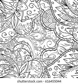 Tracery seamless pattern. Mehndi design. Ethnic monochrome binary doodle texture. Curved doodling black and white background. Vector