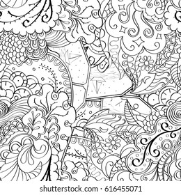 Tracery seamless pattern. Mehndi design. Ethnic monochrome binary doodle texture. Curved doodling black and white background. Vector