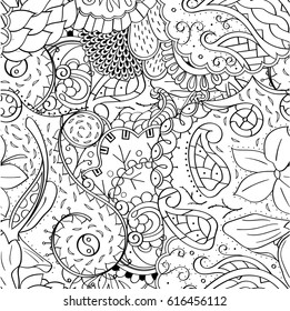 Tracery seamless pattern. Mehndi design. Ethnic monochrome binary doodle texture. Curved doodling black and white background. Vector
