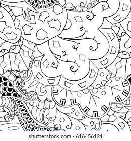 Tracery seamless pattern. Mehndi design. Ethnic monochrome binary doodle texture. Curved doodling black and white background. Vector