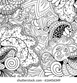 Tracery seamless pattern. Mehndi design. Ethnic monochrome binary doodle texture. Curved doodling black and white background. Vector