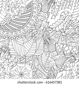 Tracery seamless pattern. Mehndi design. Ethnic monochrome binary doodle texture. Curved doodling black and white background. Vector