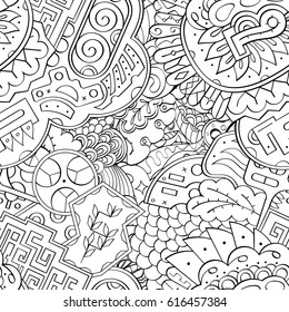 Tracery seamless pattern. Mehndi design. Ethnic monochrome binary doodle texture. Curved doodling black and white background. Vector