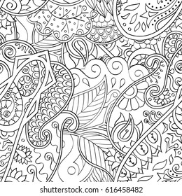 Tracery seamless pattern. Mehndi design. Ethnic monochrome binary doodle texture. Curved doodling black and white background. Vector
