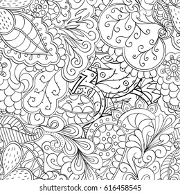 Tracery seamless pattern. Mehndi design. Ethnic monochrome binary doodle texture. Curved doodling black and white background. Vector