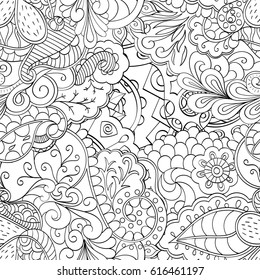 Tracery seamless pattern. Mehndi design. Ethnic monochrome binary doodle texture. Curved doodling black and white background. Vector