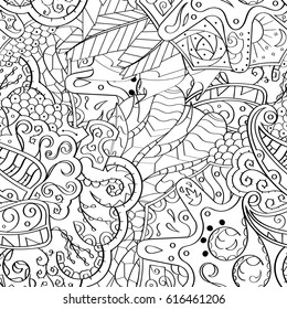 Tracery seamless pattern. Mehndi design. Ethnic monochrome binary doodle texture. Curved doodling black and white background. Vector