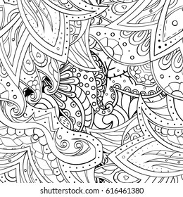 Tracery seamless pattern. Mehndi design. Ethnic monochrome binary doodle texture. Curved doodling black and white background. Vector