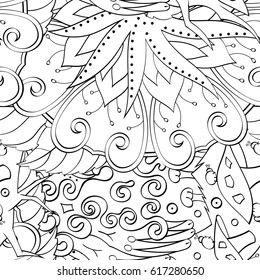 Tracery seamless pattern. Mehndi design. Ethnic monochrome binary doodle texture. Curved doodling black and white background. Vector
