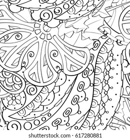 Tracery seamless pattern. Mehndi design. Ethnic monochrome binary doodle texture. Curved doodling black and white background. Vector