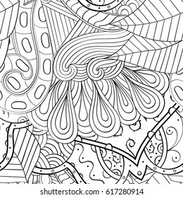 Tracery seamless pattern. Mehndi design. Ethnic monochrome binary doodle texture. Curved doodling black and white background. Vector