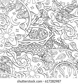 Tracery seamless pattern. Mehndi design. Ethnic monochrome binary doodle texture. Curved doodling black and white background. Vector