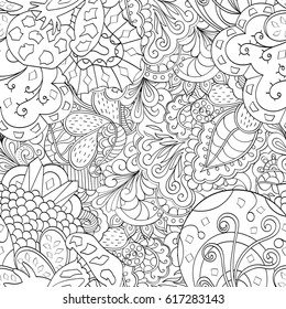 Tracery seamless pattern. Mehndi design. Ethnic monochrome binary doodle texture. Curved doodling black and white background. Vector