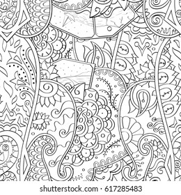 Tracery seamless pattern. Mehndi design. Ethnic monochrome binary doodle texture. Curved doodling black and white background. Vector