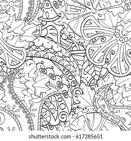 Tracery seamless pattern. Mehndi design. Ethnic monochrome binary doodle texture. Curved doodling black and white background. Vector