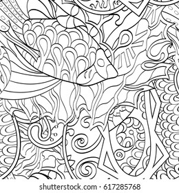 Tracery seamless pattern. Mehndi design. Ethnic monochrome binary doodle texture. Curved doodling black and white background. Vector