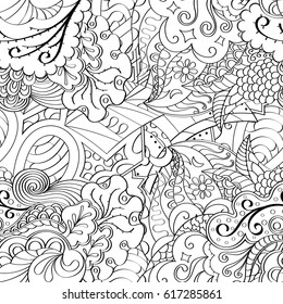 Tracery seamless pattern. Mehndi design. Ethnic monochrome binary doodle texture. Curved doodling black and white background. Vector