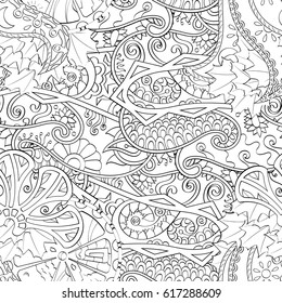 Tracery seamless pattern. Mehndi design. Ethnic monochrome binary doodle texture. Curved doodling black and white background. Vector