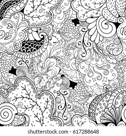 Tracery seamless pattern. Mehndi design. Ethnic monochrome binary doodle texture. Curved doodling black and white background. Vector