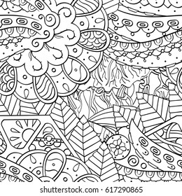 Tracery seamless pattern. Mehndi design. Ethnic monochrome binary doodle texture. Curved doodling black and white background. Vector