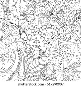 Tracery seamless pattern. Mehndi design. Ethnic monochrome binary doodle texture. Curved doodling black and white background. Vector