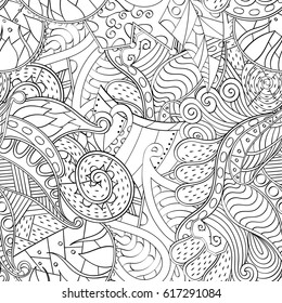 Tracery seamless pattern. Mehndi design. Ethnic monochrome binary doodle texture. Curved doodling black and white background. Vector