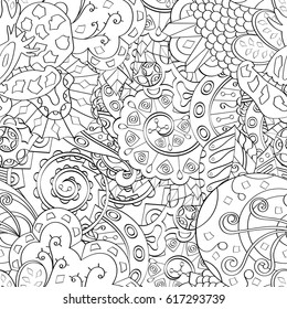 Tracery seamless pattern. Mehndi design. Ethnic monochrome binary doodle texture. Curved doodling black and white background. Vector