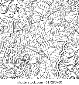 Tracery seamless pattern. Mehndi design. Ethnic monochrome binary doodle texture. Curved doodling black and white background. Vector