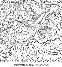 Tracery seamless pattern. Mehndi design. Ethnic monochrome binary doodle texture. Curved doodling black and white background. Vector