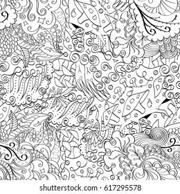 Tracery seamless pattern. Mehndi design. Ethnic monochrome binary doodle texture. Curved doodling black and white background. Vector
