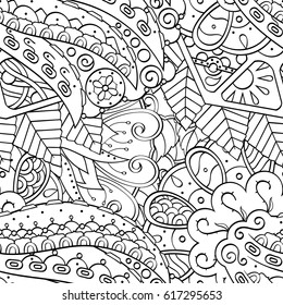 Tracery seamless pattern. Mehndi design. Ethnic monochrome binary doodle texture. Curved doodling black and white background. Vector