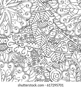 Tracery seamless pattern. Mehndi design. Ethnic monochrome binary doodle texture. Curved doodling black and white background. Vector