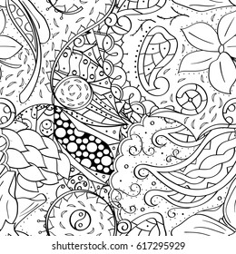 Tracery seamless pattern. Mehndi design. Ethnic monochrome binary doodle texture. Curved doodling black and white background. Vector