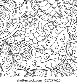 Tracery seamless pattern. Mehndi design. Ethnic monochrome binary doodle texture. Curved doodling black and white background. Vector