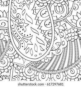 Tracery seamless pattern. Mehndi design. Ethnic monochrome binary doodle texture. Curved doodling black and white background. Vector