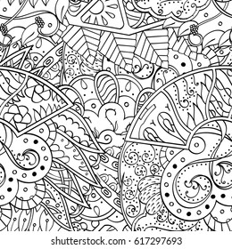 Tracery seamless pattern. Mehndi design. Ethnic monochrome binary doodle texture. Curved doodling black and white background. Vector