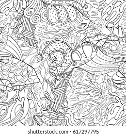 Tracery seamless pattern. Mehndi design. Ethnic monochrome binary doodle texture. Curved doodling black and white background. Vector