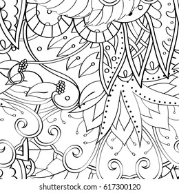 Tracery seamless pattern. Mehndi design. Ethnic monochrome binary doodle texture. Curved doodling black and white background. Vector