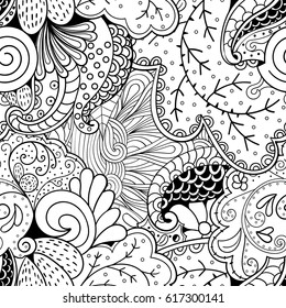 Tracery seamless pattern. Mehndi design. Ethnic monochrome binary doodle texture. Curved doodling black and white background. Vector