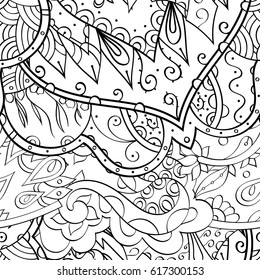 Tracery seamless pattern. Mehndi design. Ethnic monochrome binary doodle texture. Curved doodling black and white background. Vector