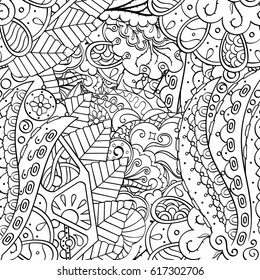 Tracery seamless pattern. Mehndi design. Ethnic monochrome binary doodle texture. Curved doodling black and white background. Vector