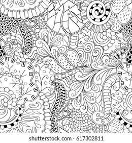 Tracery seamless pattern. Mehndi design. Ethnic monochrome binary doodle texture. Curved doodling black and white background. Vector