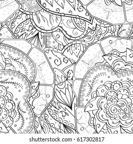 Tracery seamless pattern. Mehndi design. Ethnic monochrome binary doodle texture. Curved doodling black and white background. Vector