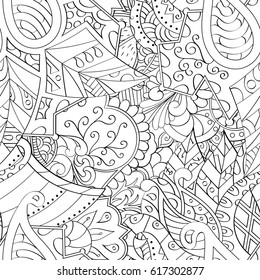 Tracery seamless pattern. Mehndi design. Ethnic monochrome binary doodle texture. Curved doodling black and white background. Vector
